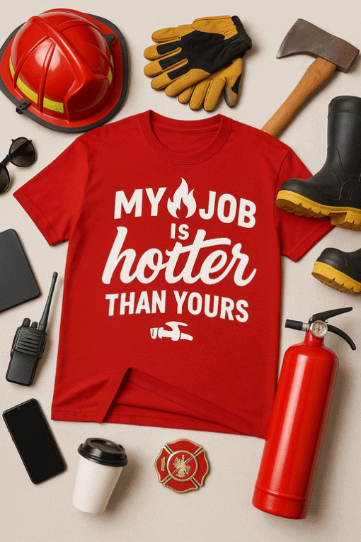 - Fire flame icon, firefighter gear, and work tools.