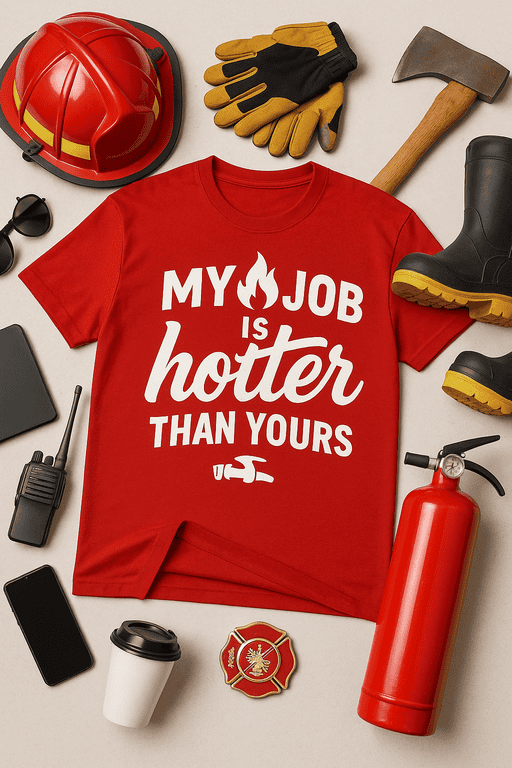 - Fire flame icon, firefighter gear, and work tools.