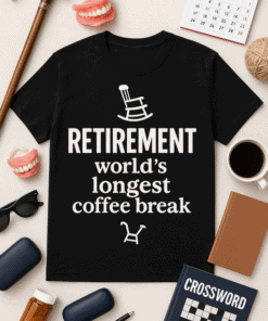 Relaxed retiree T-shirt with humorous coffee break message for retirement celebrations.
