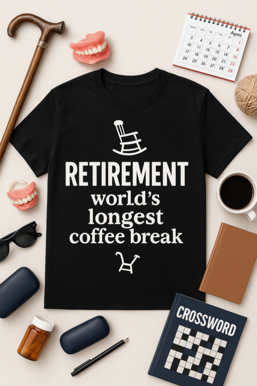 Relaxed retiree T-shirt with humorous coffee break message for retirement celebrations.