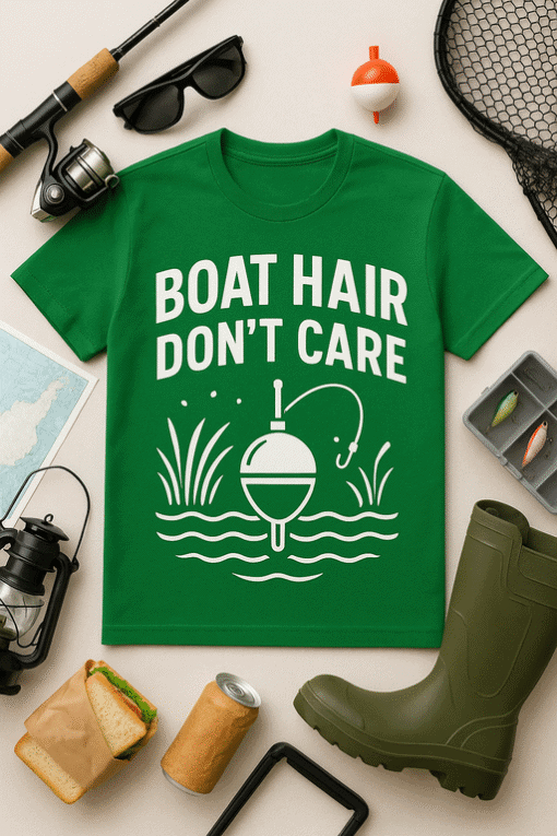 Boat hair don’t care funny fishing T-shirt, perfect for anglers and boaters, casual summer fishing shirt.