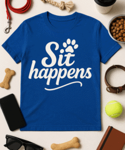 Comfortable blue T-shirt with "Sit happens" playful text and paw print design for pet lovers and humorous fashion.