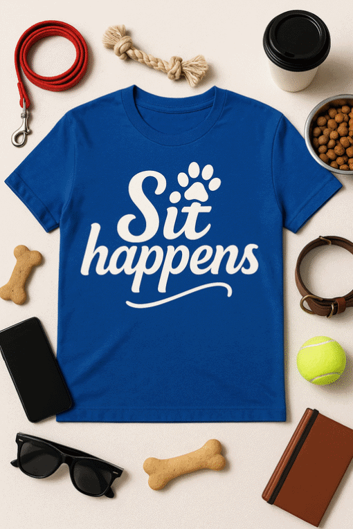 Comfortable blue T-shirt with "Sit happens" playful text and paw print design for pet lovers and humorous fashion.
