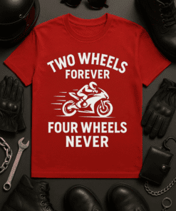 1. Motorcycle-themed T-shirt with "Two Wheels Forever, Four Wheels Never" slogan, perfect for biking enthusiasts.