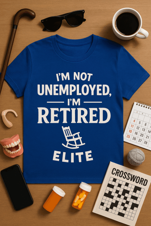 - Unisex retired funny T-shirt for seniors and retirees with rocking chair graphic.