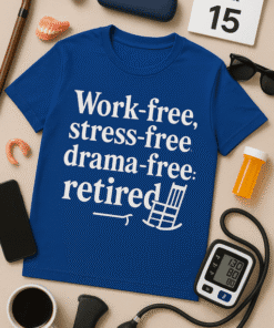 Relaxed retired themed t-shirt with stress-free message for seniors and retirees. Perfect for casual wear and retirement celebrations.