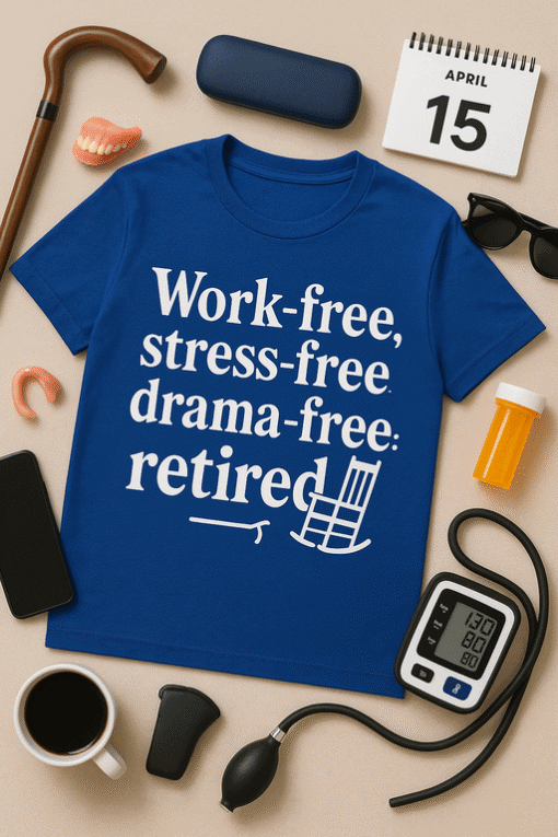 Relaxed retired themed t-shirt with stress-free message for seniors and retirees. Perfect for casual wear and retirement celebrations.