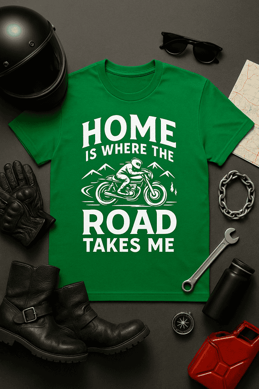 1. Green T-shirt with roadside mountain and motorcycle design for outdoor enthusiasts.