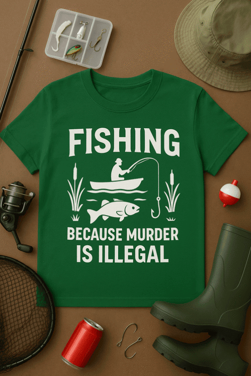 Fishing shirt with humorous message about legality of fishing and murder.