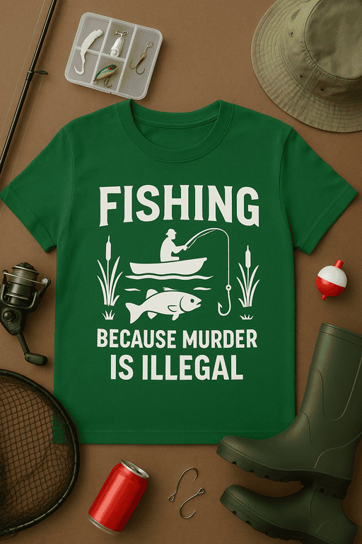 Fishing shirt with humorous message about legality of fishing and murder.