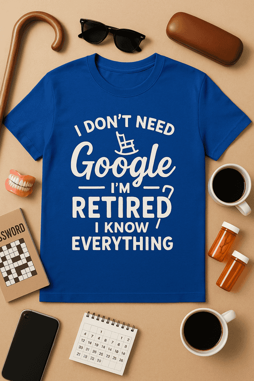 Older man retired humorous t-shirt for casual wear, leisure, funny sayings, gift, Google and retirement themes.