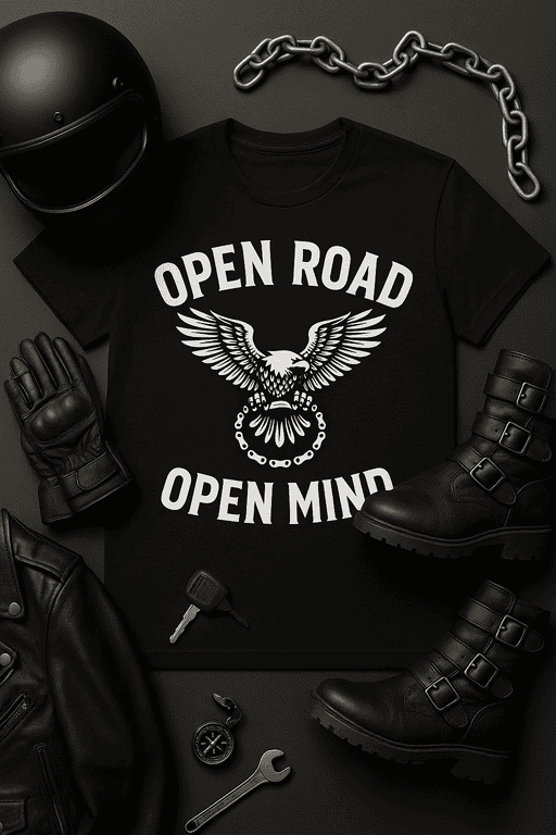 Bold eagle graphic T-shirt with "Open Road, Open Mind" quote for motorcycle riders and adventure lovers.