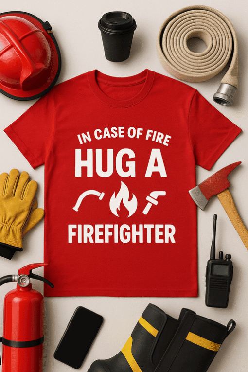 In case of fire, hug a firefighter T-shirt for fire safety awareness and firefighter appreciation.