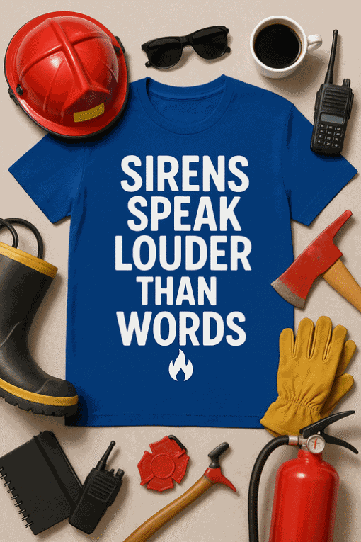 Red firefighter helmet and work tools surrounding a blue T-shirt with bold white text.