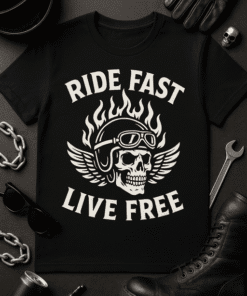 Skull motorcycle graphic T-shirt with flames and wings for bikers and riders.