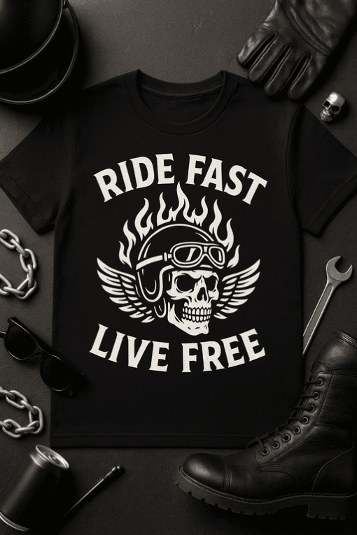 Skull motorcycle graphic T-shirt with flames and wings for bikers and riders.