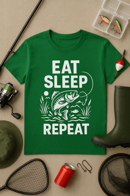 Eat Sleep Repeat fishing T-shirt for anglers and fishing enthusiasts. Perfect casual wear for fishing trips and outdoor activities.