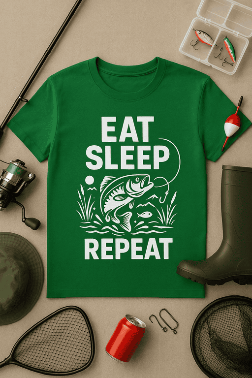 Eat Sleep Repeat fishing T-shirt for anglers and fishing enthusiasts. Perfect casual wear for fishing trips and outdoor activities.