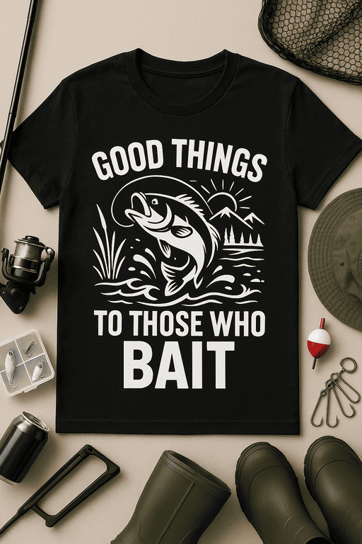 Fishing-themed T-shirt with humorous "Good Things to Those Who Bait" slogan, perfect for anglers and fishing lovers.