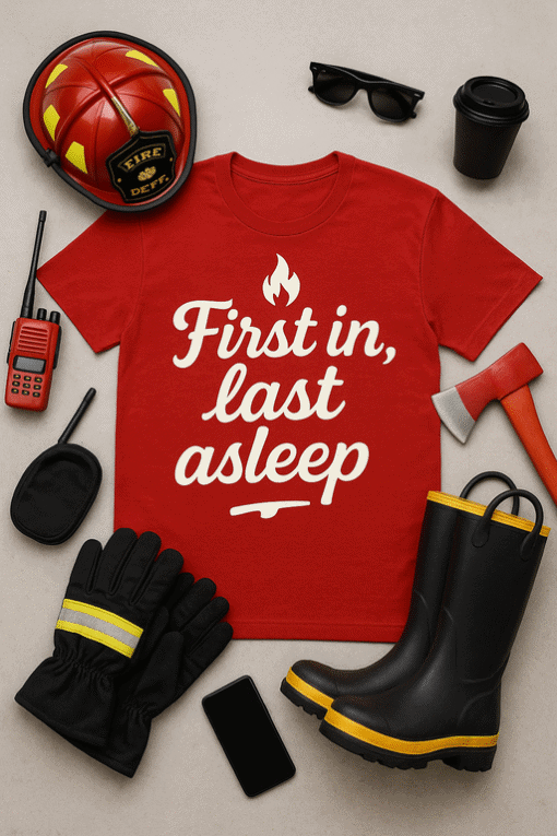 Warm firefighter T-shirt with fire flame graphic and motivational slogan. Perfect for fire department and firefighting enthusiasts.