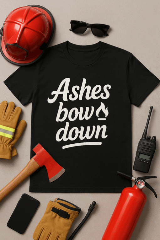 Burning firefighter T-shirt with ashes bow down message and fire equipment.