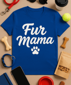 Comfortable blue pet-themed T-shirt with "Fur Mama" print and paw design, perfect for dog lovers.