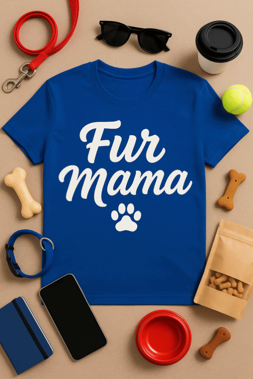 Comfortable blue pet-themed T-shirt with "Fur Mama" print and paw design, perfect for dog lovers.
