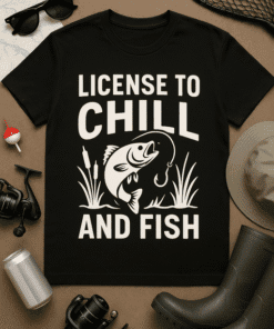1. Funny fishing T-shirt with "License to Chill and Fish" design for anglers and fishing enthusiasts.