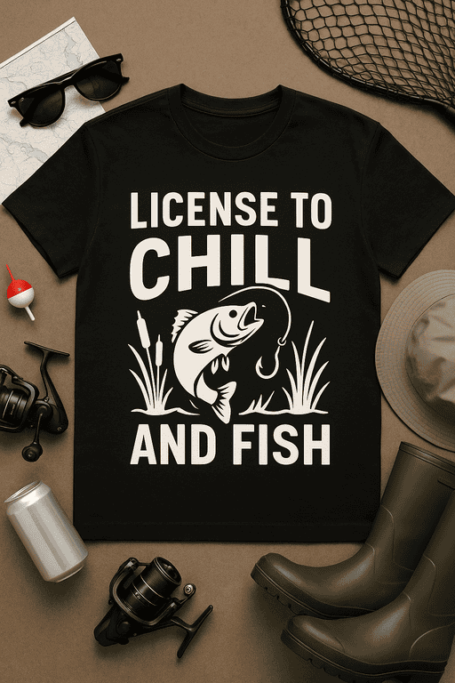1. Funny fishing T-shirt with "License to Chill and Fish" design for anglers and fishing enthusiasts.