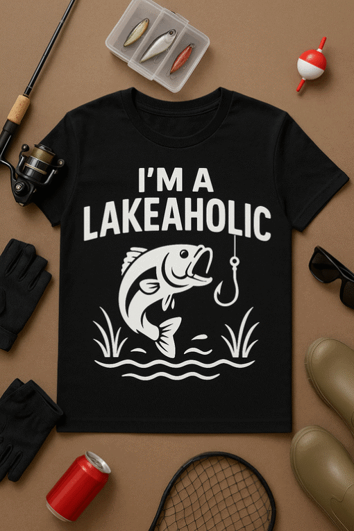 Fish lake fishing lakeaholic fishing shirt for anglers and lake lovers.