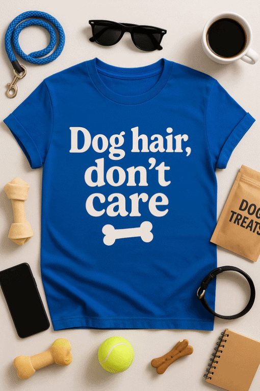 Dog hair, don't care funny T-shirt for dog lovers, casual graphic tee for pet owners.
