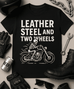 Leather steel and two wheels motorcycle T-shirt with skeleton graphic for biker fashion and motorcycle lovers.