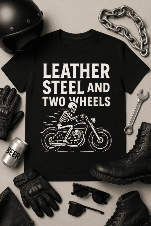 Leather steel and two wheels motorcycle T-shirt with skeleton graphic for biker fashion and motorcycle lovers.