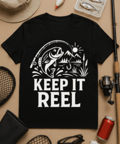 1. Fish-themed T-shirt with fishing reel design for anglers and fishermen.