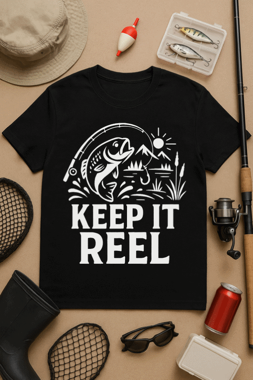 1. Fish-themed T-shirt with fishing reel design for anglers and fishermen.