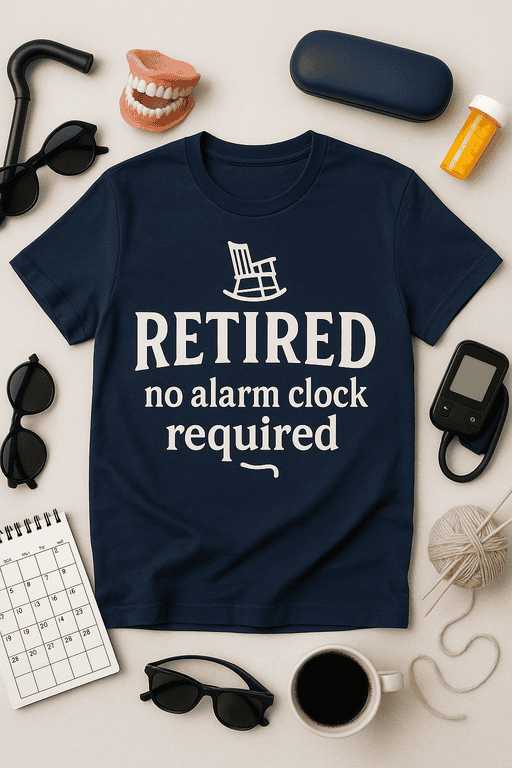 Relaxed retirement T-shirt with humorous no alarm clock needed design, perfect for retirees and seniors.