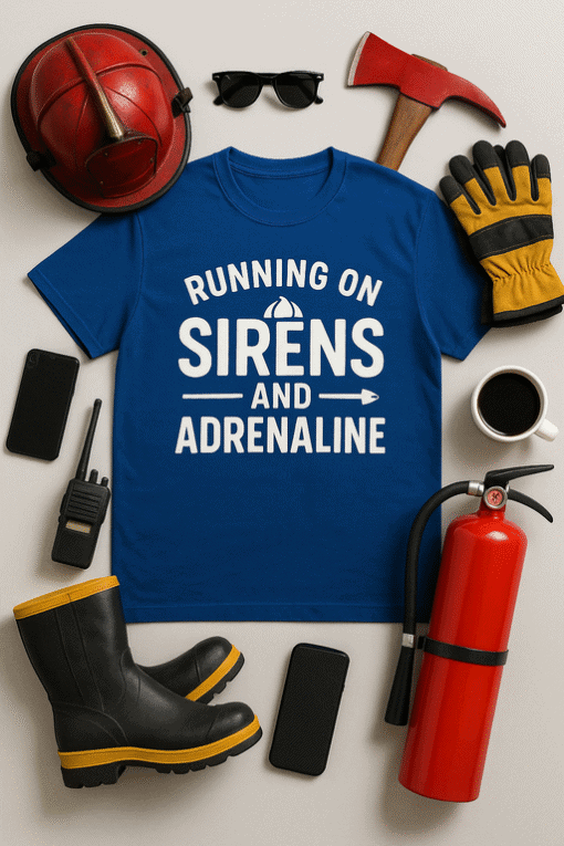 Firefighter t-shirt for men with sirens and adrenaline quote, firefighting gear, safety equipment, fire safety apparel, firefighting t shirt.