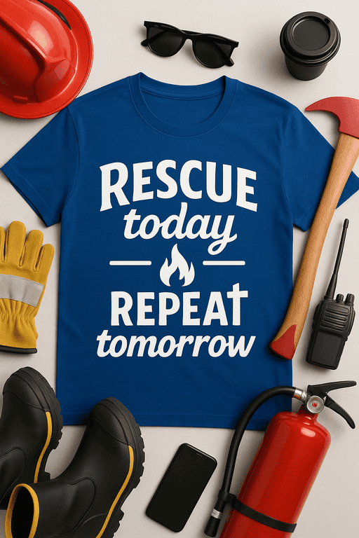 Rescue today repeat tomorrow firefighter t-shirt for emergency rescue workers.