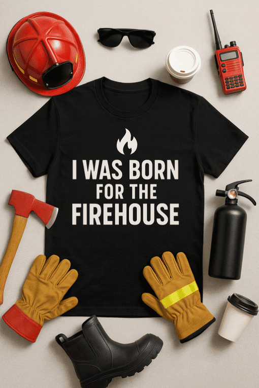 Hard Hat and Firefighting Gear Flat Lay with T-shirt "I Was Born for the Firehouse".