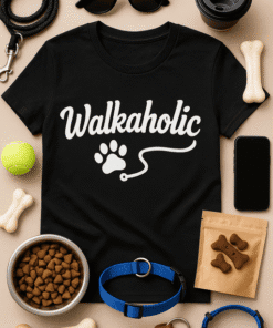 Walkaholic dog lover T-shirt for fitness and walking enthusiasts, casual wear for pet owners.