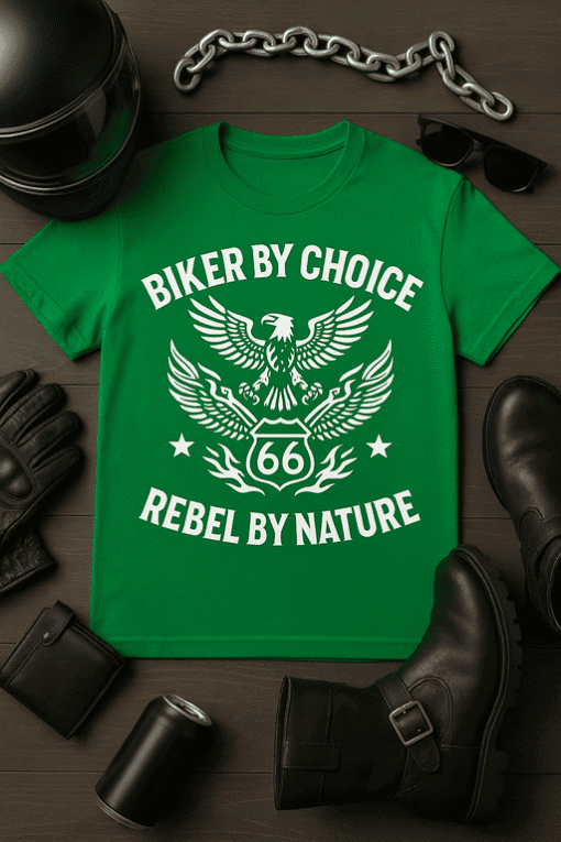 Biker by choice, rebel by nature graphic T-shirt, motorcycle style fashion tee, biker lifestyle apparel.