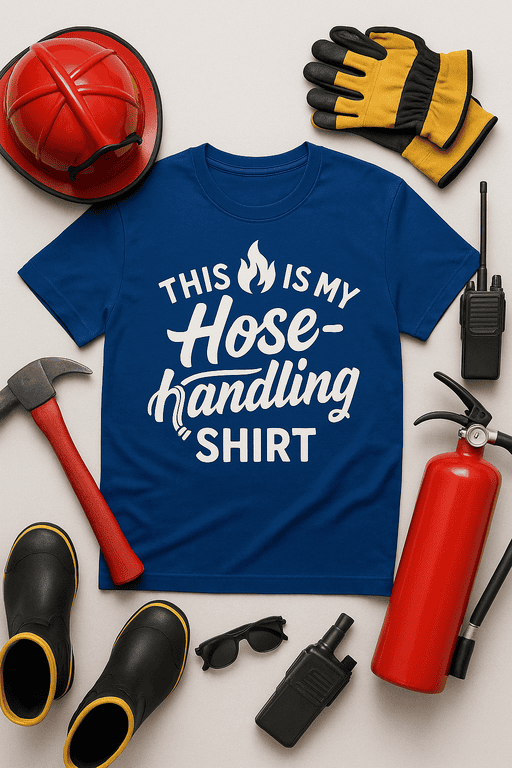 Softball firefighter t-shirt with hose handling humor for sports and work uniforms.