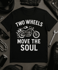 Motorcycle graphic T-shirt with the phrase "Two Wheels Move the Soul" for bikers and motorcycle enthusiasts.