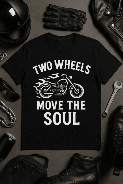 Motorcycle graphic T-shirt with the phrase "Two Wheels Move the Soul" for bikers and motorcycle enthusiasts.