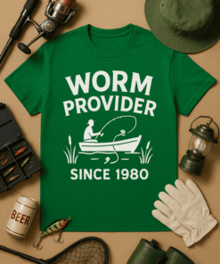 Fishing worm provider shirt, outdoor fishing gear, novelty fishing T-shirt, humorous fishing apparel, fishing gift idea.