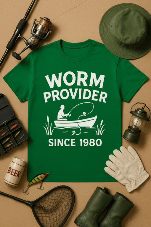 Fishing worm provider shirt, outdoor fishing gear, novelty fishing T-shirt, humorous fishing apparel, fishing gift idea.