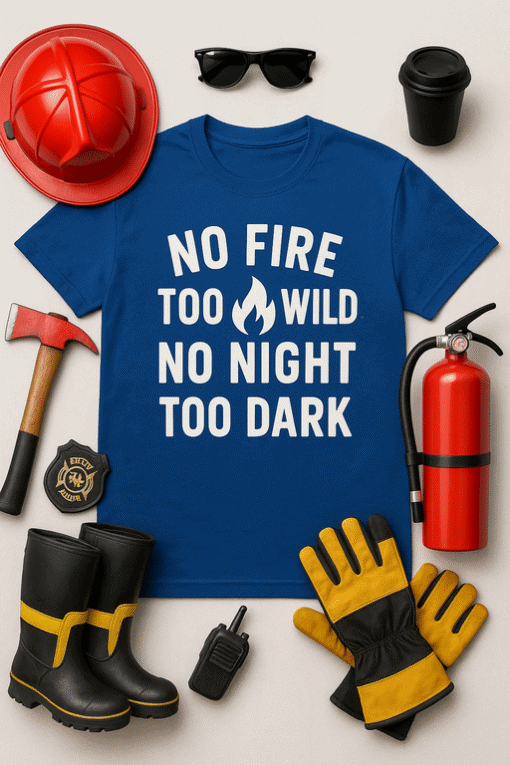 No fire too wild, no night too dark firefighter graphic tee for men and women.