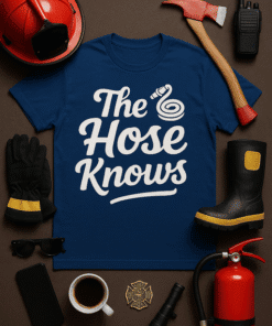 - Firefighter T-shirt "The Hose Knows" with hose graphic, perfect for fire department attire.