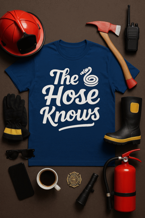 - Firefighter T-shirt "The Hose Knows" with hose graphic, perfect for fire department attire.