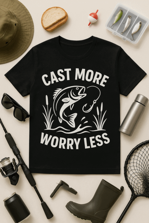 Cast more worry less fishing t-shirt, fishing gear with fish and fishing rod, casual outdoor fishing apparel.